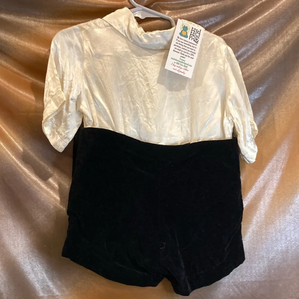 Vintage White Satin Blouse with Black Velvet Shorts. Box‎ P